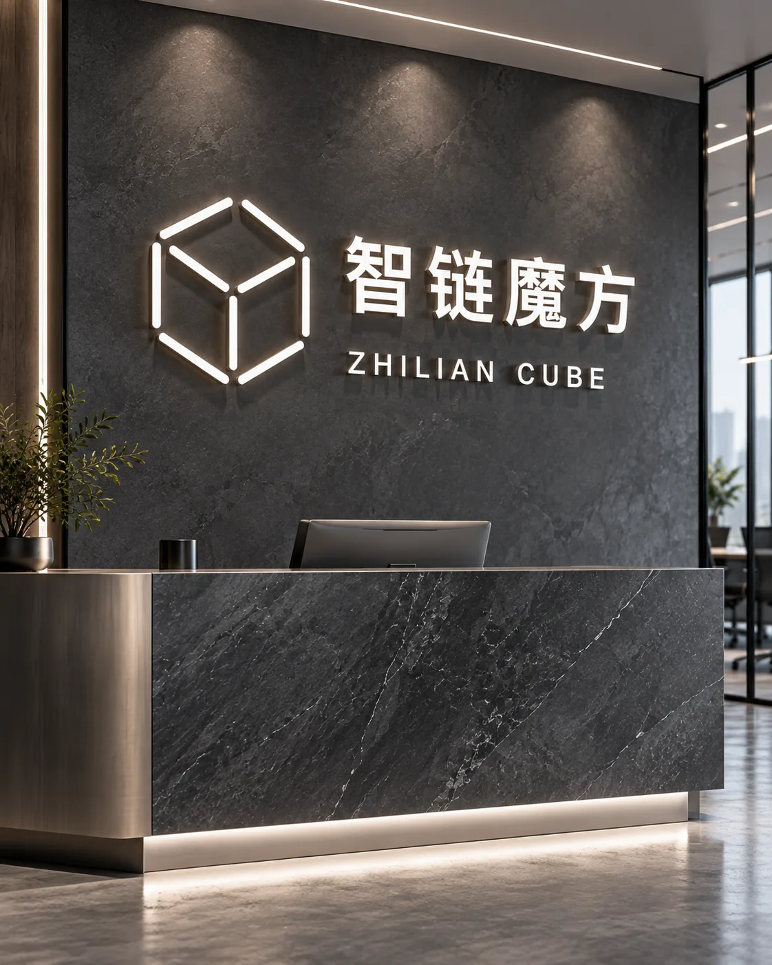 AI-generated brand-space concept for ZHILIAN CUBE: a contemporary technology studio reception with Chinese and English signage